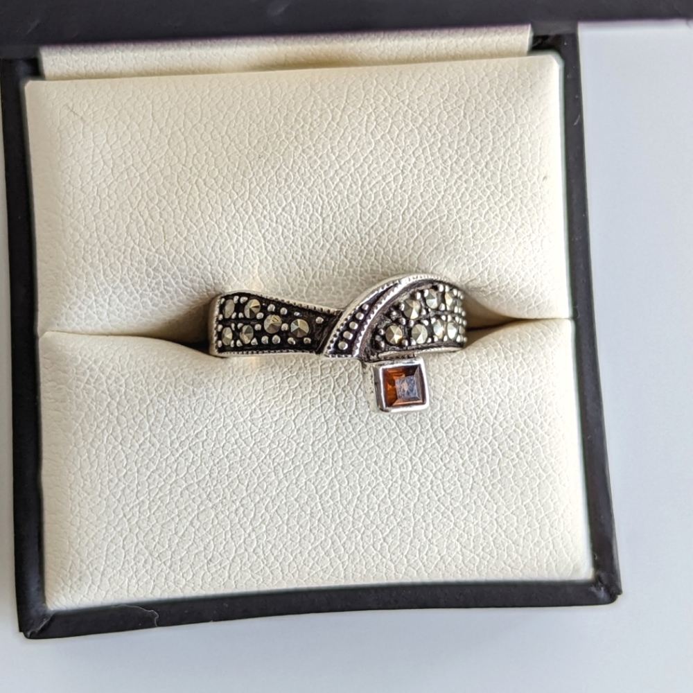 Sterling silver, marcasite and gemstone asymmetrical Rin size 6.75